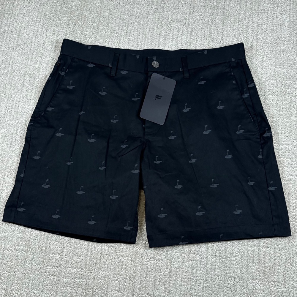 NEW Fabletics Men 34 Black High Side 8" Golf Flag Print Performance Chino Shorts
